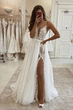 Spaghetti Straps A-Line Tulle V Neck Wedding Dress Long Split Prom Dress OK1205