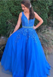 Royal Blue A Line Tulle Prom Dress with Applique and Beading Fashion School Dance Dress Formal Dress OK1105