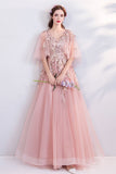 Princess A Line Pink Long Tulle Appliques V Neck Prom Dress OKG68