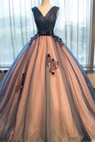 Pretty tulle v-neck applique A-line long evening dress ,ball gown prom dress OK195