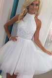 Halter Homecoming Dresses,A Line Homecoming Dresses,Open Back Homecoming Dress,Tulle Prom Dress,Beaded Prom Dresses,White Homecoming Dresses,Short Homecoming Dresses