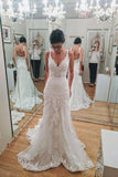 Elegant Mermaid V Neck Backless Long Wedding Dress With Lace OK1007