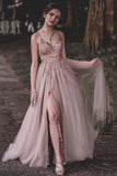 Pink A Line Tulle Spaghetti Beaded Long Prom Dress With Slit OK1064