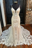 Elegant Mermaid V Neck Lace Wedding Dress with Appliques N118