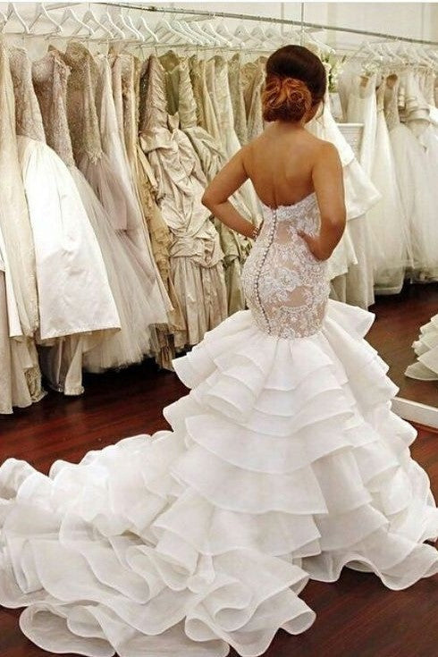 Backless Lace Strapless Bridal Dresses Mermaid Ruffled Train Wedding Dresses OK1590