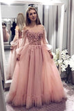 Princess Ball Gown Blush Pink Lace Prom Dress With Long Sleeves OKK55