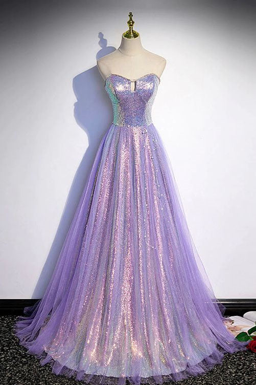 Lovely Purple Tulle and Sequins Long Sweetheart Prom Dress, Evening Dresses OK1961
