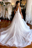 Charming A Line V Neck Tulle Beach Wedding Dress with Appliques N105