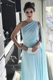 Light Blue One Shoulder Chiffon Formal Prom Gowns, Simple Bridesmaid Dresses OKI35