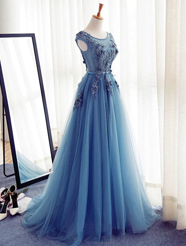Charming Long Tulle Handmade A Line Blue Prom Gowns,Best Formal Women Dresses OK243