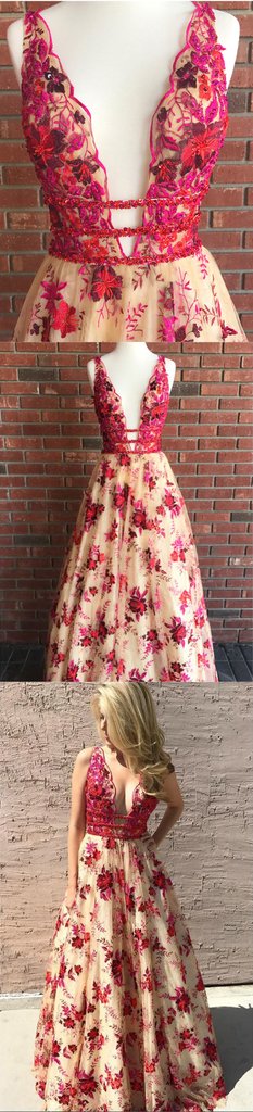 Beautiful V neck Beaded Long A-line Red Floral Prom Dresses OK911