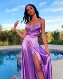 Pretty Purple A Linbe Long Split Silk Satin Prom Dress Evening Dress OK1559