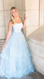 A Line Tulle Sky Blue Long Prom Dress Princess Formal Evening Dress OK1256