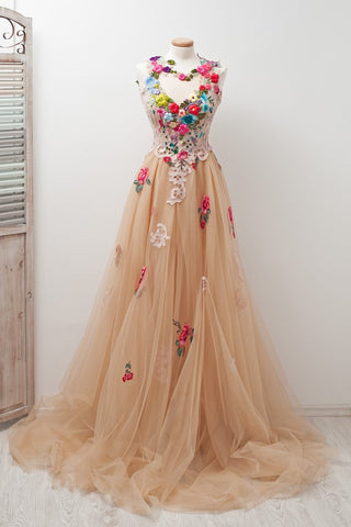 A-line Sleeveless Open Back Appliques Tulle Long Prom Dresses Flowers OKE81