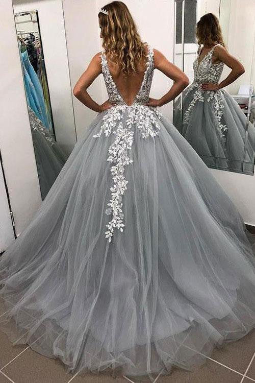 Gray V Neck Long Prom Dresses for Teens, Puffy Appliqued Ball Gown with Beading OKH75