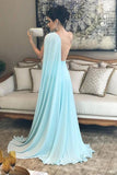 Light Blue One Shoulder Chiffon Formal Prom Gowns, Simple Bridesmaid Dresses OKI35