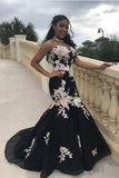 Black Mermaid Prom Dresses Strapless Embroidery Applique Sexy Prom Dress OKP4