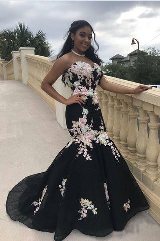 Black Mermaid Prom Dresses Strapless Embroidery Applique Sexy Prom Dress OKP4