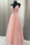Blush V Neck Prom Dresses with Straps, Long Prom Gown with Appliques OKJ49