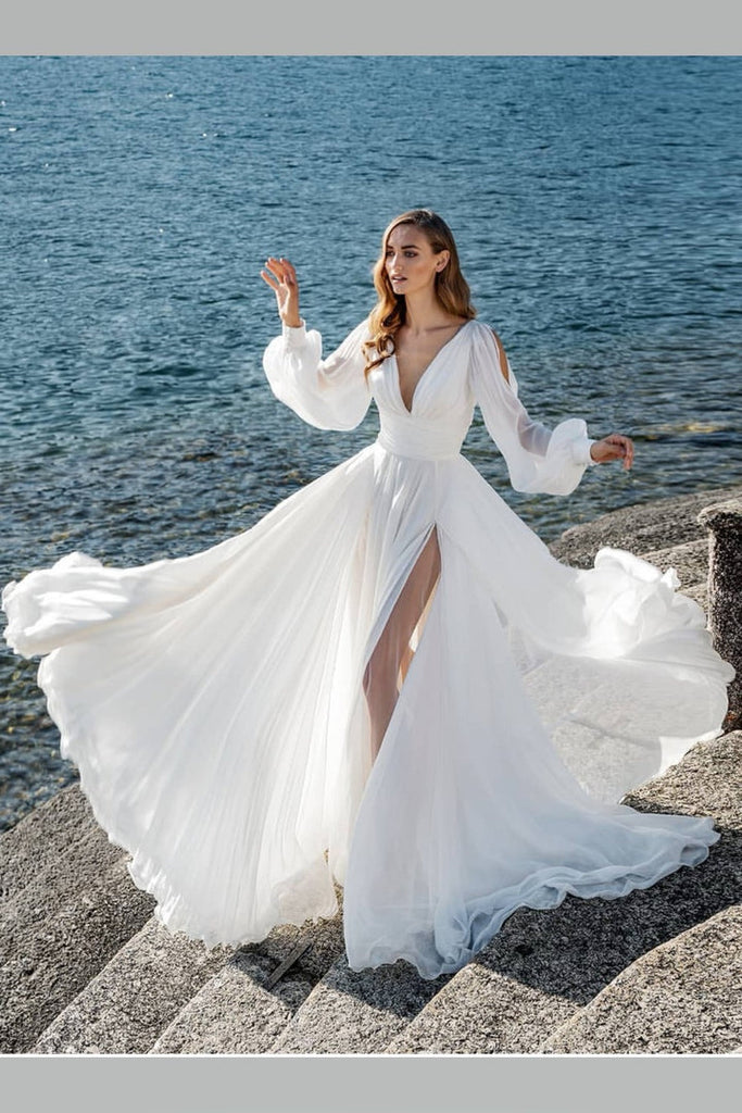 Boho Long Sleeves Wedding Dress for Seaside High Slit Side Beach Wedding Dress OK1591