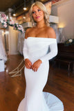 White Off-the-Shoulder Long Sleeves Mermaid Wedding Dress Beach Bridal Dress OK1567