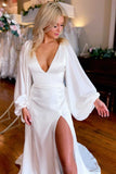 Simple White V-Neck Long Sleeves Backless Long Wedding Dress with Slit OK1588