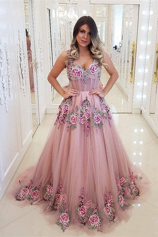 Broad Strap Floral Appliqued Long Prom Dress Cheap A Line Evening Dress OKI3