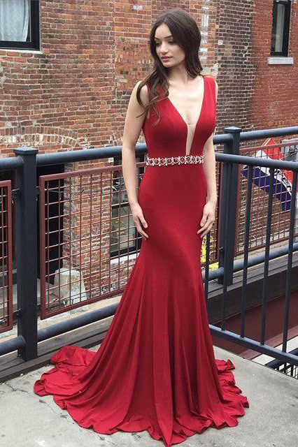 Red Deep V Neck Mermaid Evening Prom Dresses,Long Sexy Party Prom Dress OK118