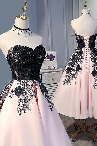 Cute Pearl Pink Sweetheart Tea Length Satin Homecoming Dress With Black Lace Applique OKZ55