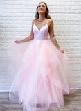 A Line Pink Tulle Long Prom Dress With Ruffles Spaghetti Straps Evening Dress OK1336
