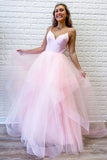 A Line Pink Tulle Long Prom Dress With Ruffles Spaghetti Straps Evening Dress OK1336