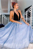 A Line Deep V-Neck Floor Length Sky Blue Prom Dresses With Sequined OKQ58