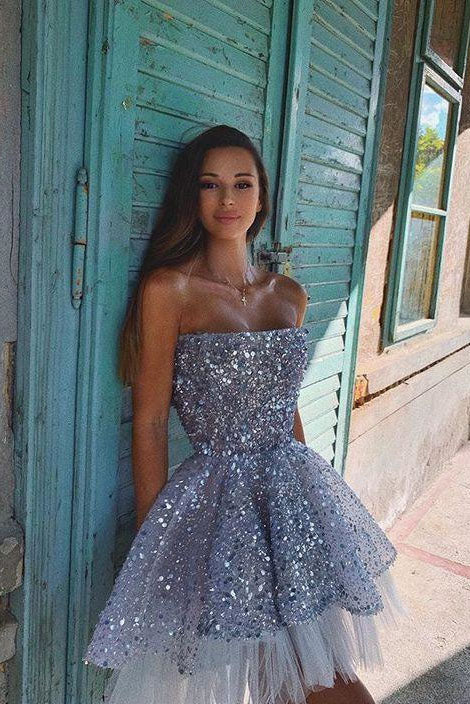 Sparkly Strapless Homecoming Dress With Tulle Fashion A Line Sequin Homecoming Dress OK1624