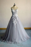 Silver Grey A Line Lace Appliques Tulle Long Prom Dress Formal Evening Dress OK1069