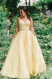 Princess A Line Yellow Lace Appliques Tulle Long Prom Gowns Sweet 16 Dress OK1027