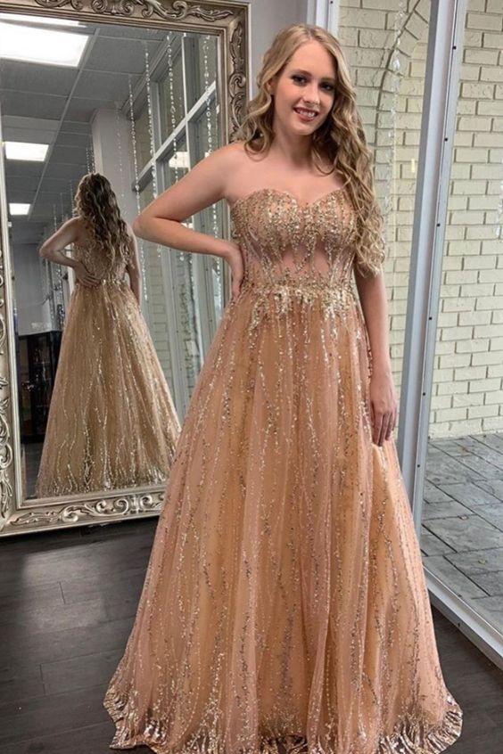 Shiny Sweetheart Gold Sequined Prom Dress A Line Evening Formal Dress OK1282