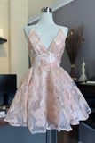 A Line V Neck Pink Lace Short Homecoming Dress Simple Graduation Dress OK1542