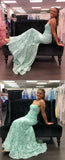 Mermaid Mint Green Lace Long Prom Dress Spaghetti Straps Evening Dress OK1367