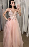 A Line Pink Long Prom Dress Spaghetti Straps Tulle Formal Dress With V Neckline OK1355