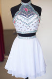 High Neck Two Piece Homecoming Dresses, Short White Floal Homecoming Dresses OKO70