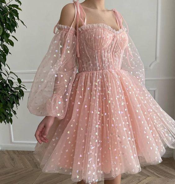 A-line Sweetheart Long Sleeves Pink Short Homecoming Dress OKY26