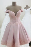 Off the Shoulder Short Pink A-line Homecoming Dress With Lace Appliques OKZ14