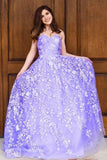 A Line Lace Lavender Long Prom Dress,  Appliques Sweetheart Prom Gown OK1779