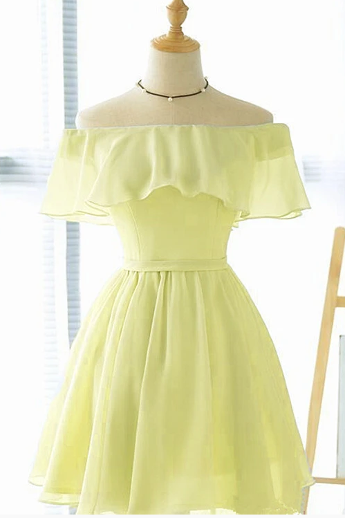 Cute Light Yellow Chiffon Short Party Dress Short A-line Off the Shoulder Homecoming Dress OKY23