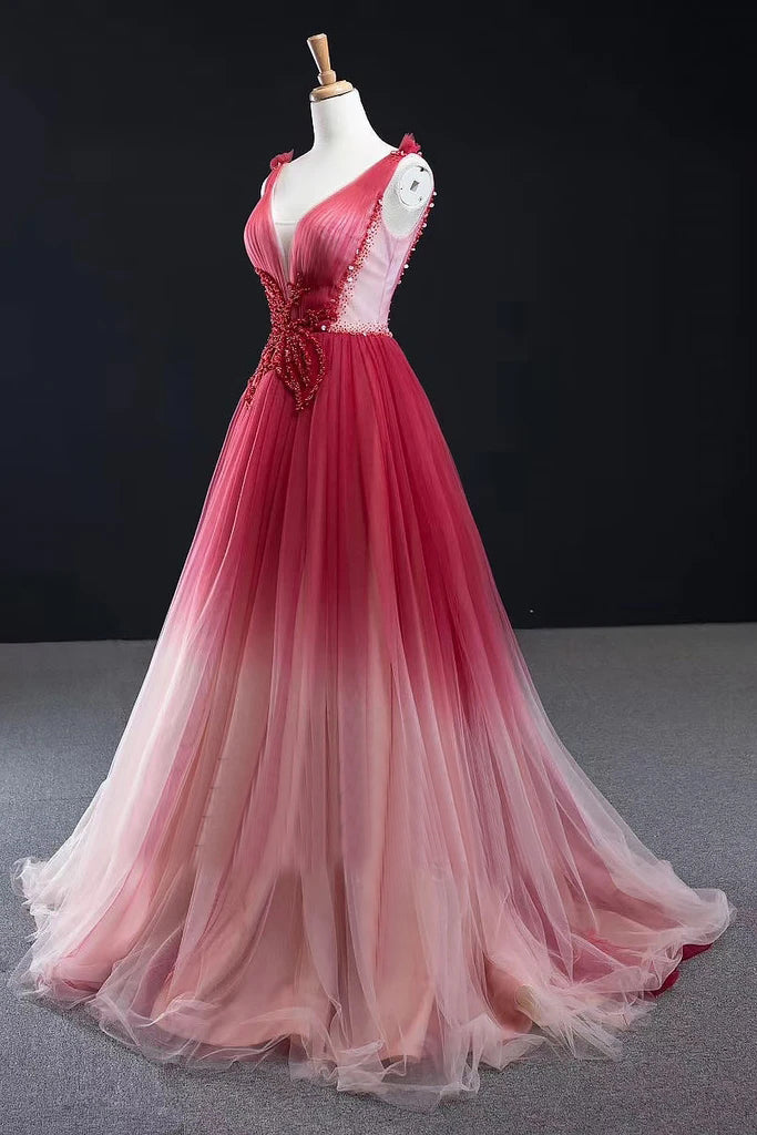 Changing Ombre A-line Tulle Long Beaded Lace Up Back Prom Dress OKV46