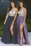 Cheap Long Prom Dress with Side Slit V Neck Beaded Prom Dress OKP6