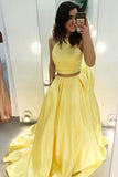 Two Piece Yellow Satin Formal Evening Dresses Halter Long Prom Dresses OKN80