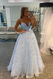 Stunning A-line Spaghetti Straps Sky Blue Long Prom Dress Sparkly Formal Evening Dress OKZ81