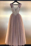 Charming Beaded V-neck Prom Dress A Line Floor Length Evening Gowns OKN84