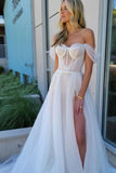 Fairy A Line Off the Shoulder Sparkly Tulle Wedding Dress with Slit N130